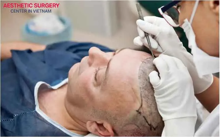 The doctor performs hair follicle implantation into the bald area of the scalp