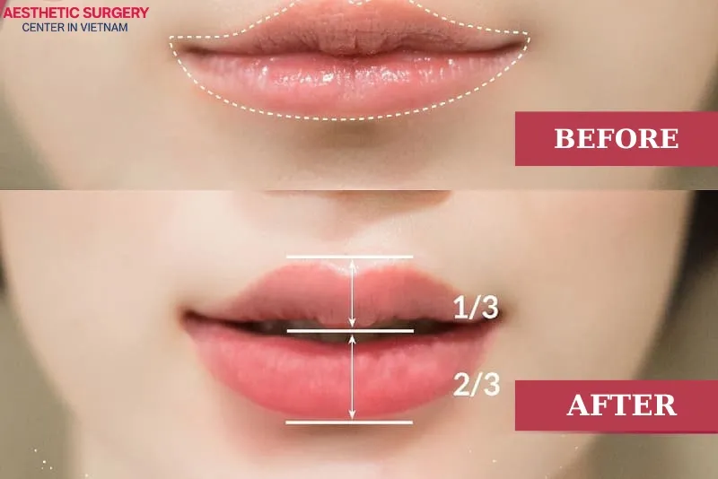 Before-and-after images clearly show the enhanced fullness and symmetry of the lips.