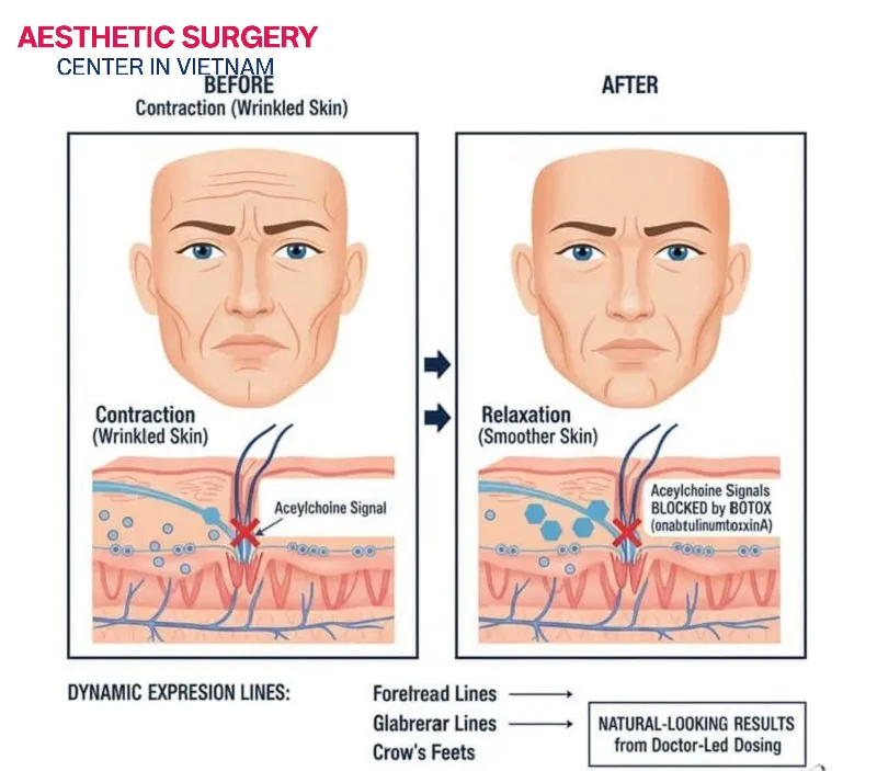 When Botox is injected into wrinkle-prone areas, it temporarily blocks nerve signals from the brain to the muscles, helping the forehead skin appear smoother and more refined.