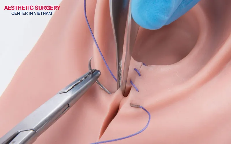After completing the Facelift procedure, the surgeon carefully sutures the incisions for a cosmetic finish.