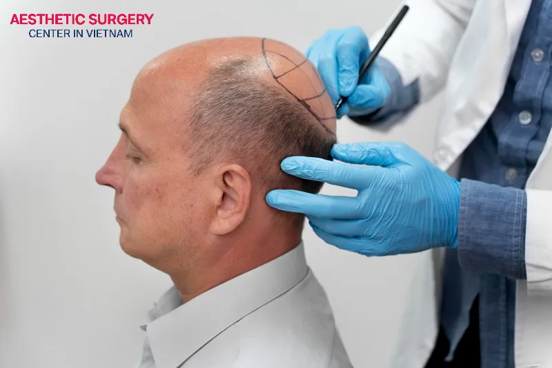 The doctor marks out the recipient area for the hair transplant