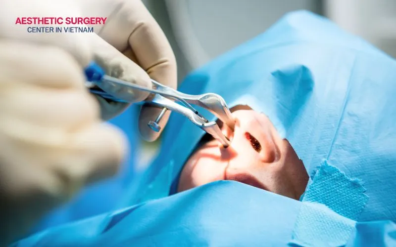 The surgeon carefully performs cartilage reshaping and grafting techniques to restore nasal function while minimizing tissue trauma.