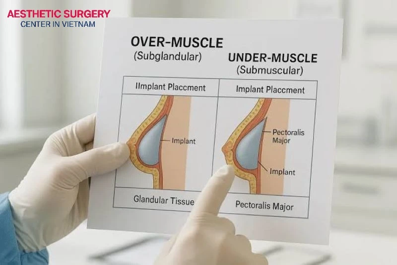 There are two primary implant placement planes: over the muscle and under the muscle.