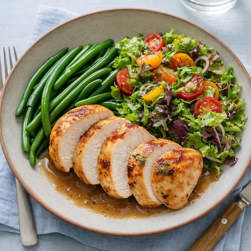 Ăn gì vào tối để không tăng cân? Nên ưu tiên protein nạc kết hợp nhiều rau củ.