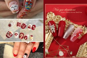5 mẫu nail tết màu đỏ kim tuyến may mắn 2027