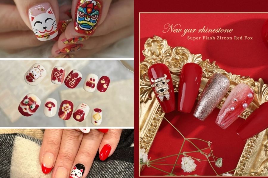 5 mẫu nail tết màu đỏ kim tuyến may mắn 2027
