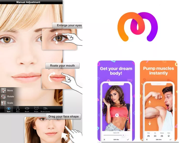 các ứng dụng nâng mũi cao bằng công nghệ chỉnh sửa khuôn mặt, cho phép thay đổi độ cao sống mũi và hình dáng khuôn mặt trực tiếp trên ảnh.