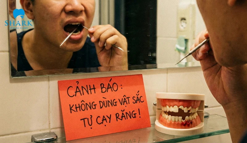 Hình ảnh minh họa cảnh báo không nên dùng dụng cụ sắc nhọn tự cạy răng