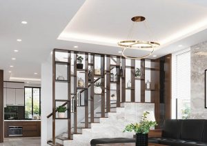 129 Những mẫu thiết kế phòng khách có cầu thang chuẩn phong thủy mới nhất 3 Cầu thang kết nối phòng khách với gác lửng