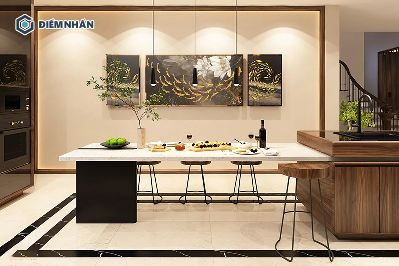 Đảo bếp có tích hợp thêm bàn ăn cần có chiều dài từ 200-250cm để đảm bảo thuận tiện khi sử dụng