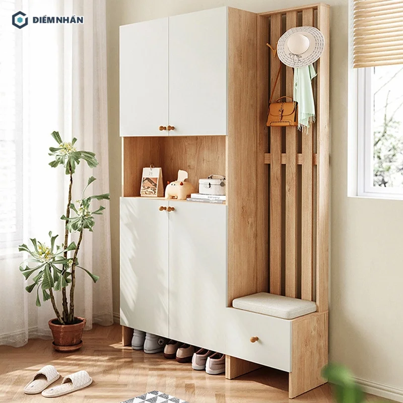 Tủ giày thiết kế đa năng tích hợp ghế ngồi cùng tường treo, móc đồ vật