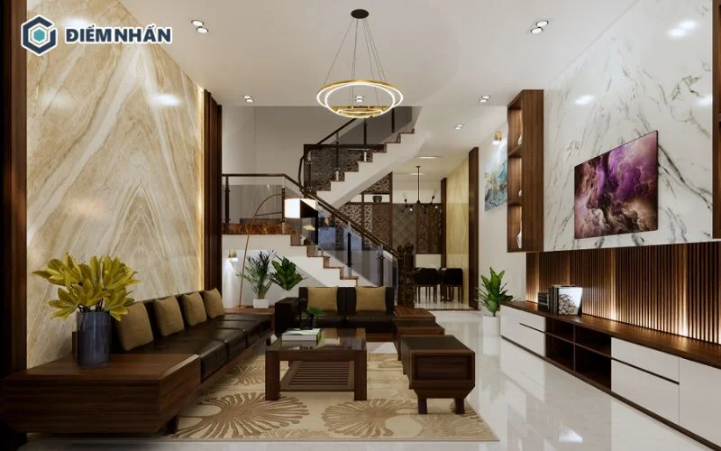 Trần phòng khách được thiết kế đơn giản để làm nổi bật những chi tiết trang trí khác