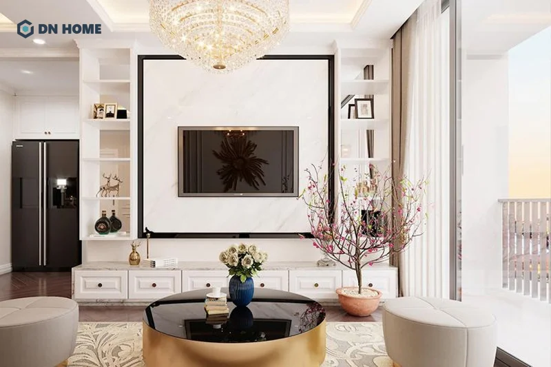 Kệ tủ tivi được thiết kế theo phong cách tân cổ điển hướng đến vẻ đẹp sang trọng, xa hoa