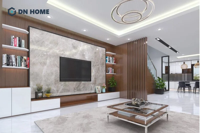 Ốp tường phía sau tivi bằng tấm nhựa PVC giúp tạo điểm nhấn tinh tế cho không gian