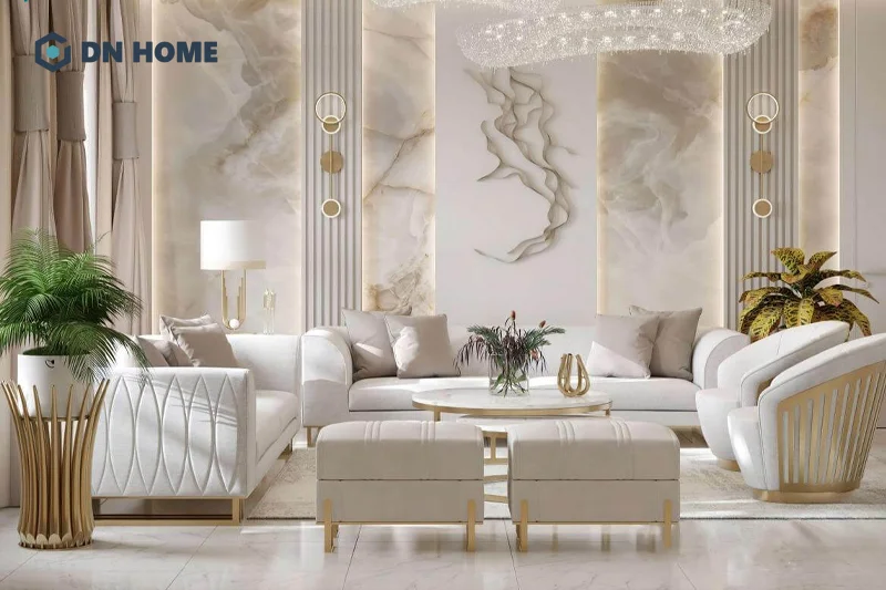 Phòng khách được ốp tấm nhựa PVC giả đá sở hữu vẻ đẹp sang trọng và đẳng cấp