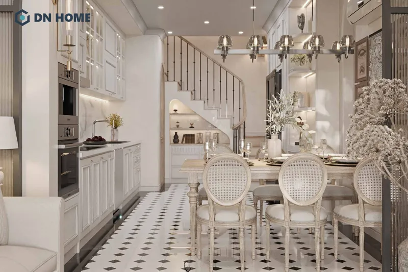 Hệ thống đèn chùm và đèn thả được sử dụng phổ biến trong không gian nội thất tân cổ điển
