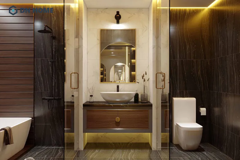 Khu vực nhà tắm sử dụng chất liệu gỗ óc chó làm điểm nhấn, đảm bảo sự đồng bộ trong thiết kế nội thất