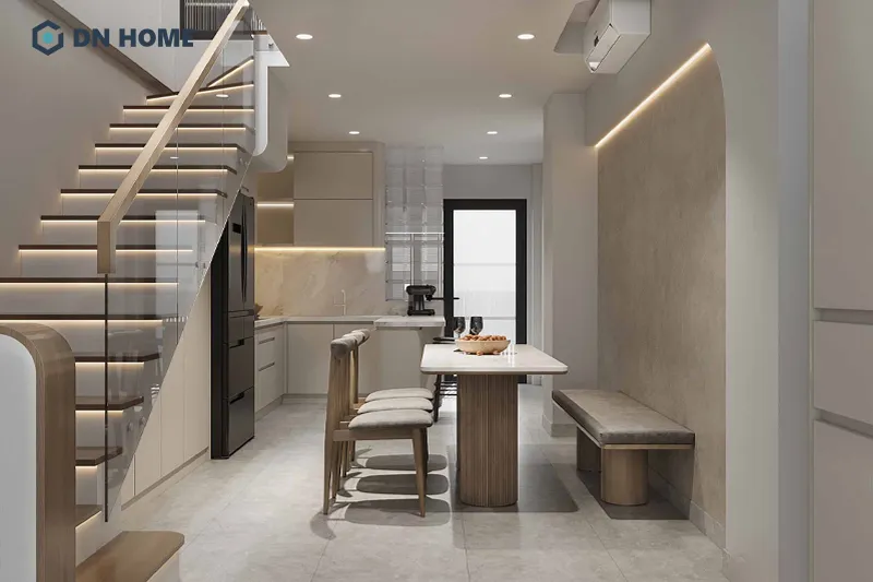 Chất liệu gỗ được kết hợp sử dụng trong không gian bếp tạo cảm giác ấm cúng và gần gũi