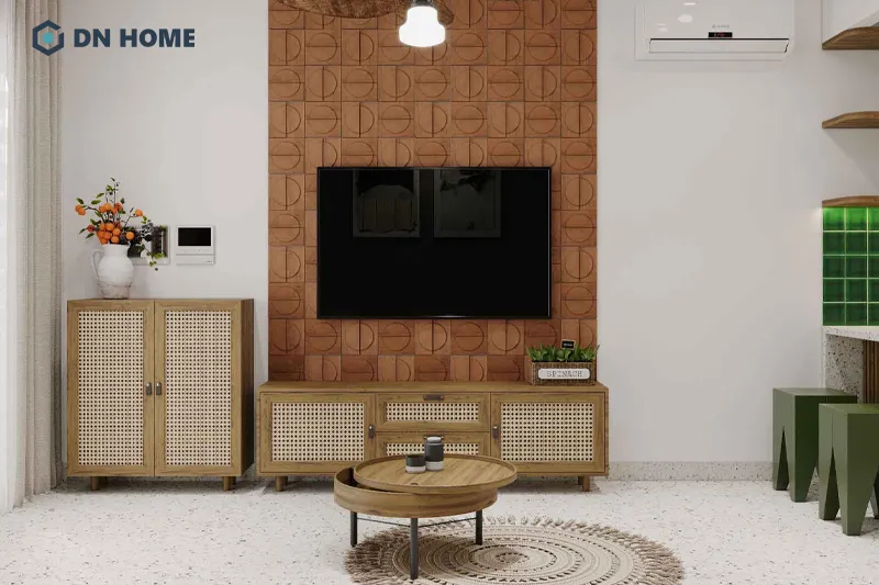 Chất liệu gạch thô mộc được sử dụng để làm điểm nhấn thẩm mỹ cho không gian nội thất phòng khách