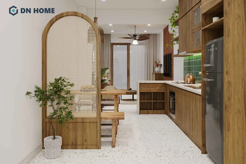 Khu vực phòng bếp trở nên ấn tượng hơn với mảng tường gạch xanh ngọc bích