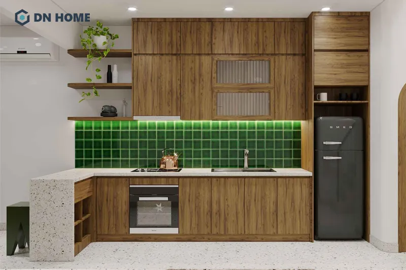Sự kết hợp hài hòa và tinh tế giữa 3 gam màu trắng - nâu - xanh tạo nên không gian nhà phố ấn tượng