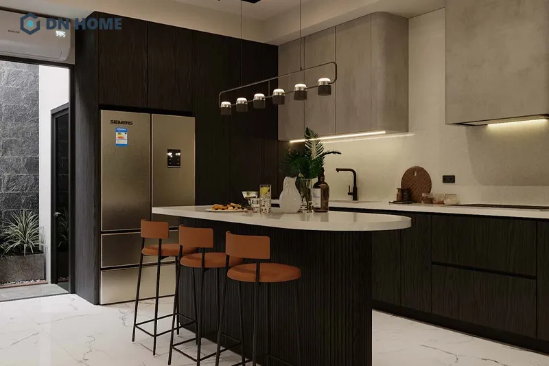 Không gian phòng bếp nhà phố 5x10 được thiết kế mở tạo cảm giác thoáng đãng, dễ chịu