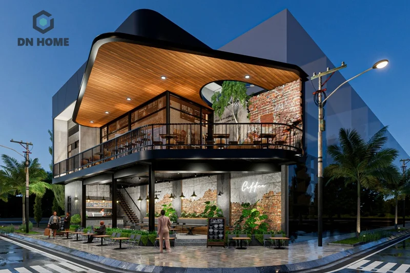 Quán cafe 2 mặt tiền thiết kế theo phong cách công nghệ sử dụng chất liệu thô mộc chủ yếu