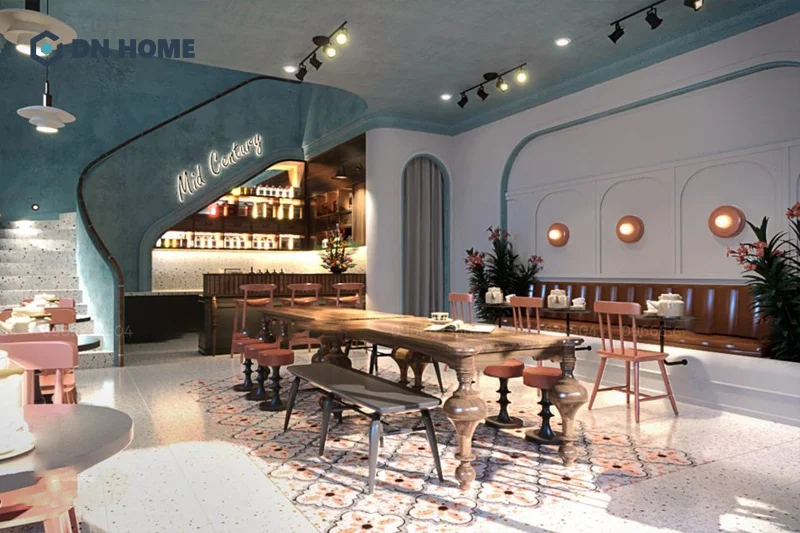 Nội thất bên trong quán cafe 2 tầng phong cách Mid-century sử dụng chất liệu gỗ chủ đạo