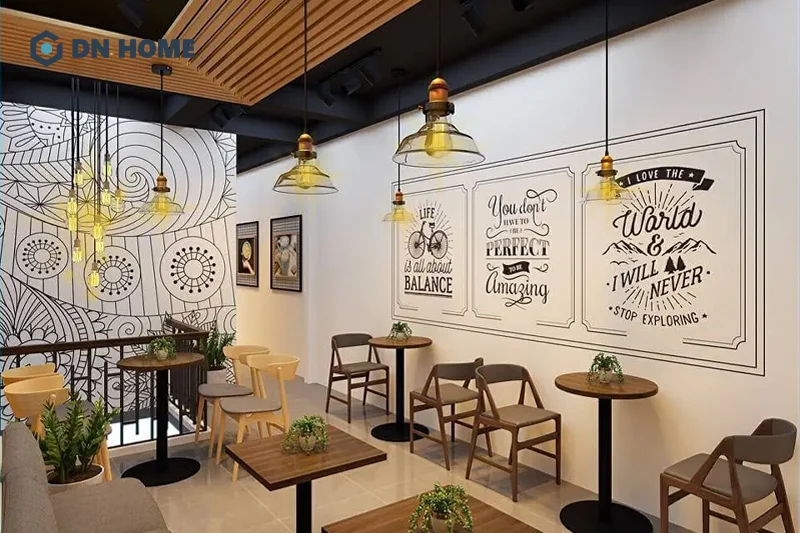 Nên lựa chọn giấy dán tường đơn giản, rõ nét để đảm bảo tính thẩm mỹ cho quán cafe 2 tầng 