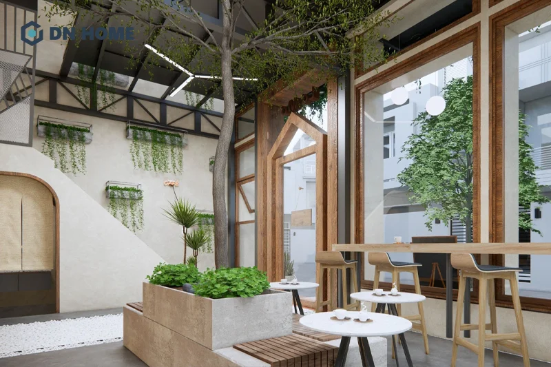 Nội thất quán cafe 2 tầng được thiết kế đơn giản tạo không gian thoáng đãng, thoải mái 