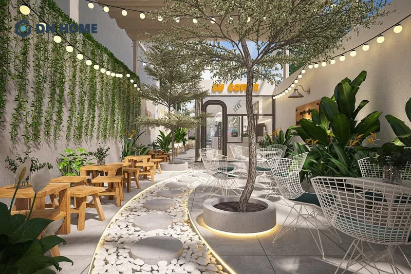 Nên sử dụng thêm hệ thống dây bóng đèn vàng để tạo cảm giác thư giãn, lung linh cho quán cafe chill