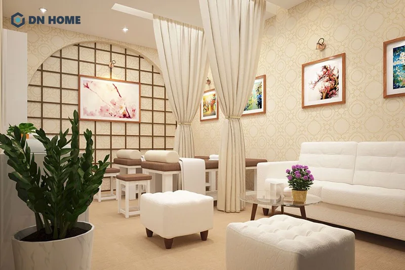 Bố trí thêm cây xanh, tranh ảnh để tạo điểm nhấn cho không gian spa mini diện tích 20m2