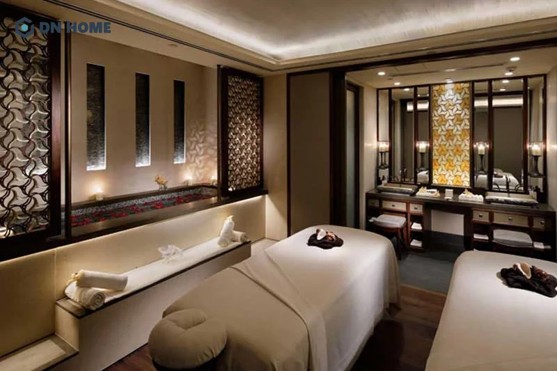 Spa 20m2 phong cách Châu Á thường sử dụng tone màu trầm ấm avf chất liệu gỗ làm chủ đạo