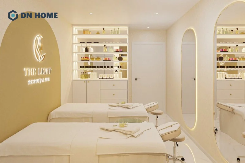 Thiết kế spa diện tích nhỏ theo phong cách sang trọng, tinh tế nên sử dụng hệ thống đèn vàng