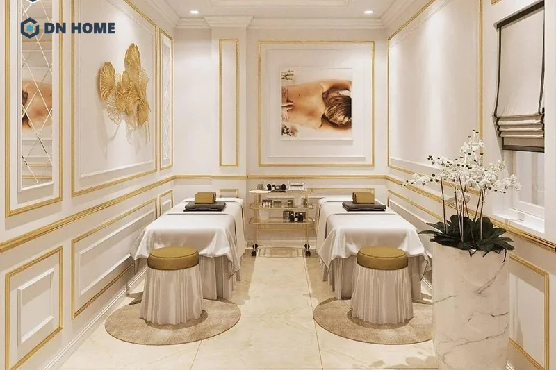 Điểm đặc trưng trong spa gội đầu dưỡng sinh mini cổ điển là các chi tiết mạ vàng sang trọng