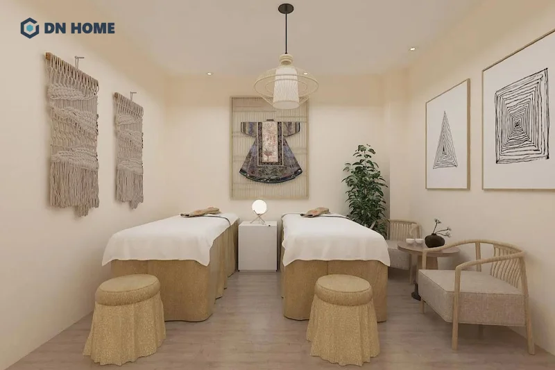 Spa gội đầu dưỡng sinh mini thiết kế theo phong cách Bohemian sử dụng đa dạng chất liệu