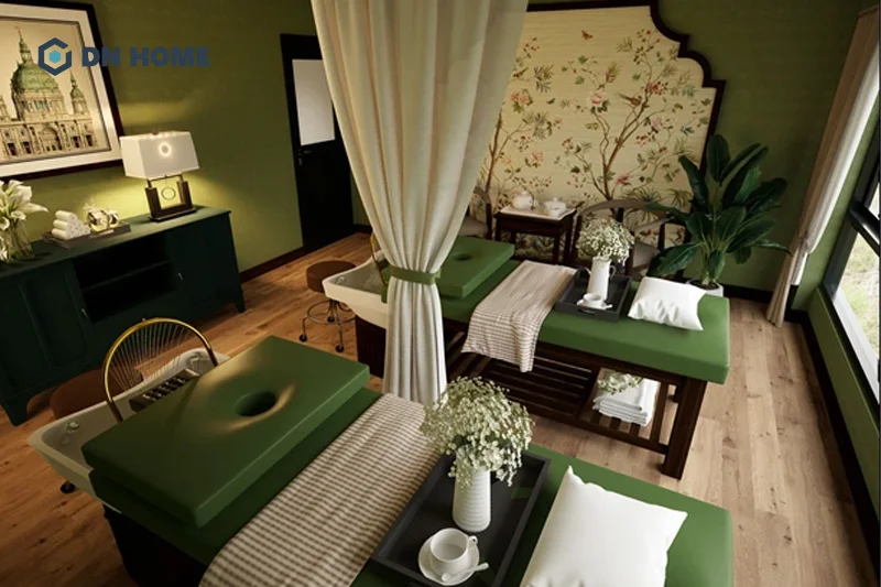Bố trí chậu cây và sử dụng nội thất được làm từ gỗ trong phòng trị liệu spa