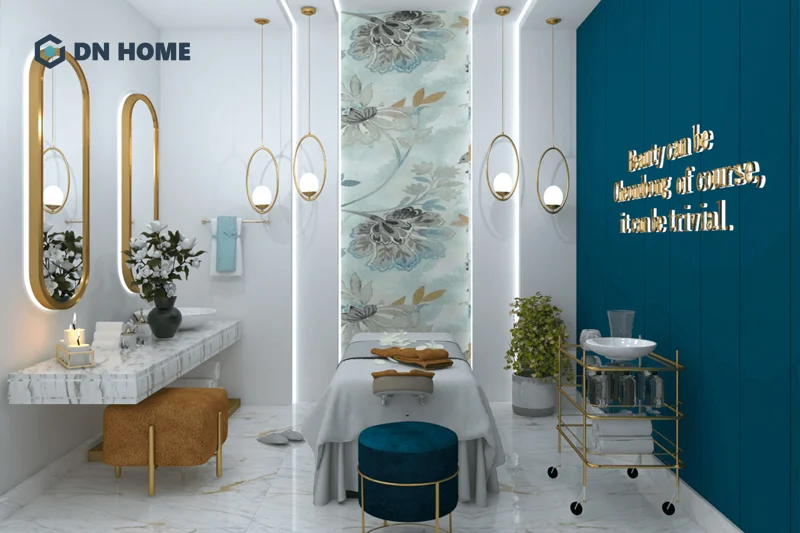 Mẫu trang trí spa theo phong tone màu chủ đạo của thương hiệu, thể hiện sự chuyên nghiệp