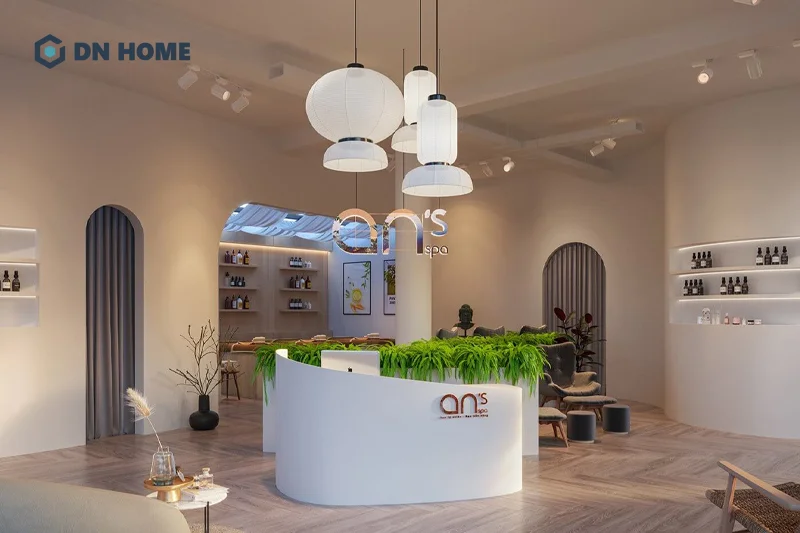 Quầy lễ tân spa nên được thiết kế với kiểu dáng tinh tế, tạo điểm nhấn ấn tượng