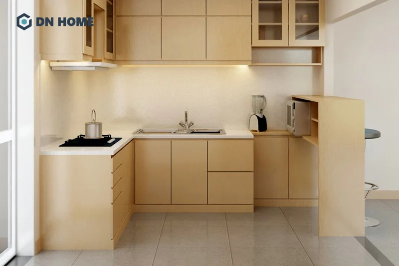 Bếp hình chữ L thiết kế nhỏ gọn phù hợp với những gian bếp có diện tích khiêm tốn