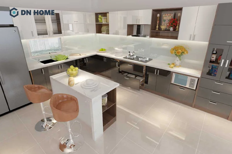 Có thể đặt bàn ăn nhỏ hoặc đảo bếp để tối ưu khoảng trống giữa 2 cạnh chữ L