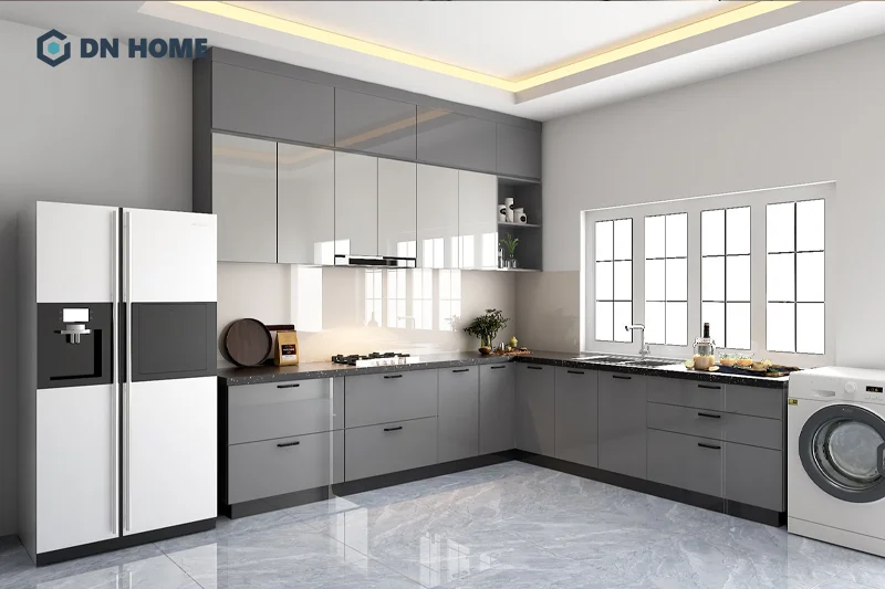 Tủ bếp hiện đại hình chữ L thường có kiểu dáng đơn giản, tiện lợi khi sử dụng