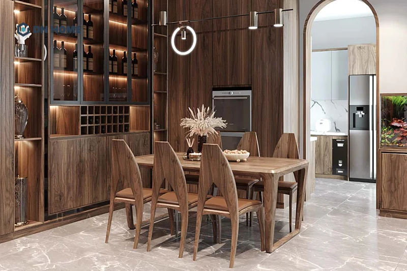 Cần đảm bảo sự hài hòa trong màu sắc giữa bàn ăn ghế gỗ óc chó cùng với không gian nội thất xung quanh