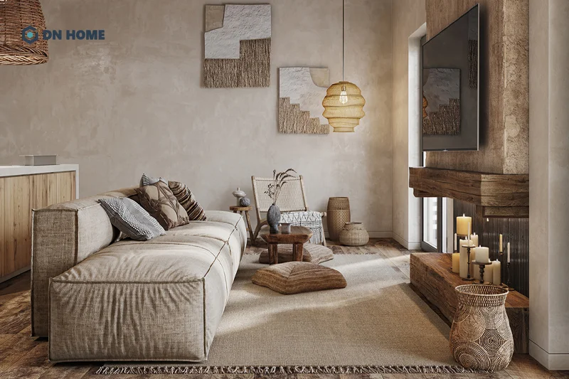 Mẫu phòng khách được thiết kế theo phong cách Wabi Sabi với tone màu nâu thiên nhiên làm chủ đạo