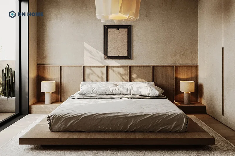 Không gian phòng ngủ yên tĩnh, thư giãn và thoải mái được đề cao trong phong cách thiết kế Wabi Sabi 