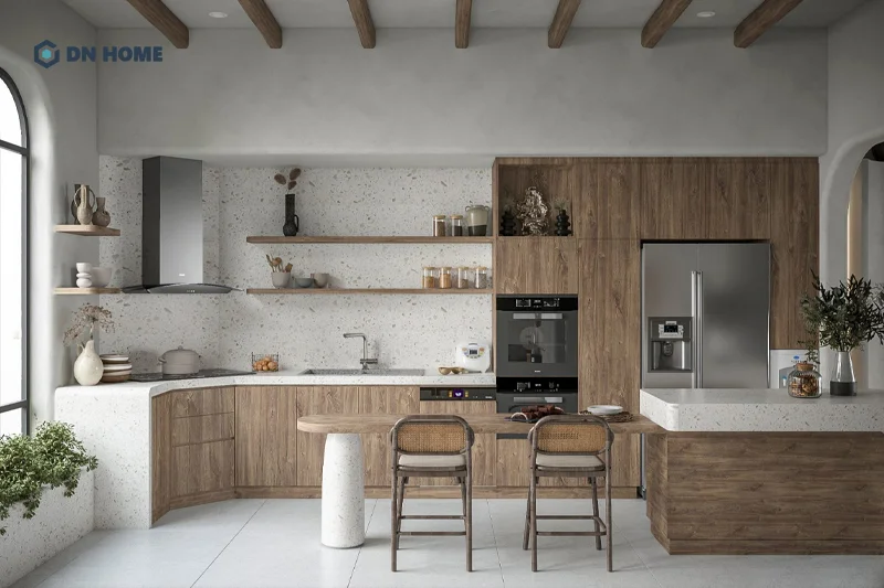 Mẫu phòng bếp được thiết kế theo phong cách Wabi Sabi tạo nên không gian gần gũi và ấm cúng