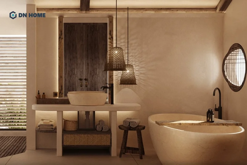 Phòng tắm được thiết kế theo phong cách Wabi Sabi sử dụng vật liệu thiên nhiên làm chủ đạo