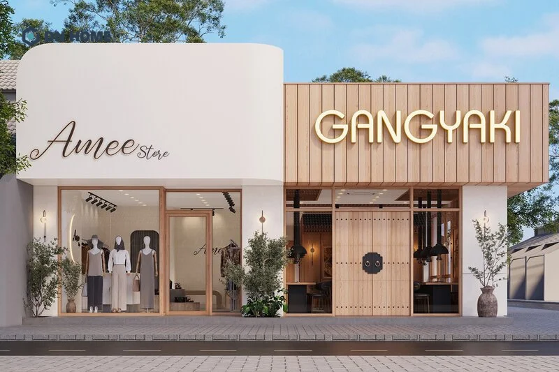 Mặt tiền cửa hàng được thiết kế theo phong cách Hàn Quốc sở hữu những đường cong mềm mại