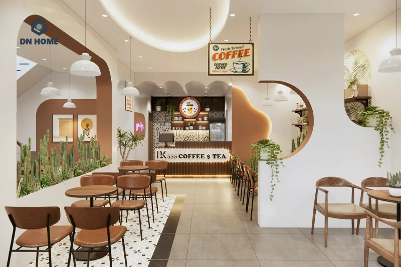 Quán cafe 5x20 phong cách hiện đại sử dụng tone màu trung tính và các đường nét tinh tế