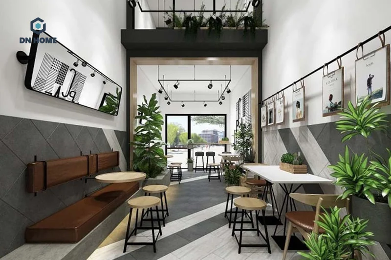 Chất liệu kim loại, gỗ và kính thường được ứng dụng trong thiết kế quán cafe 5x20 phong cách hiện đại